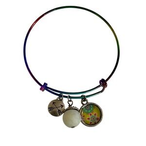 Handcrafted Rainbow Iridescent Expandable Bangle Bracelet Arrow Floral Charms